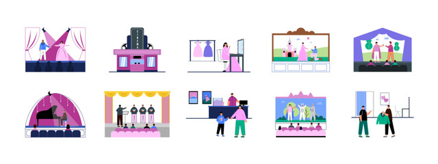 Obraz premium Theatre illustrations set. Activity in theatre concept. Flat vector illustrations.