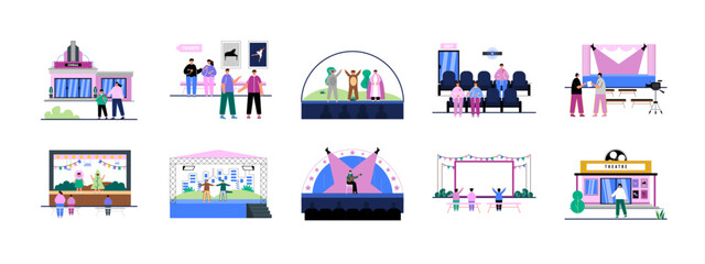 Fototapeta premium Theatre illustrations set. Activity in theatre concept. Flat vector illustrations.