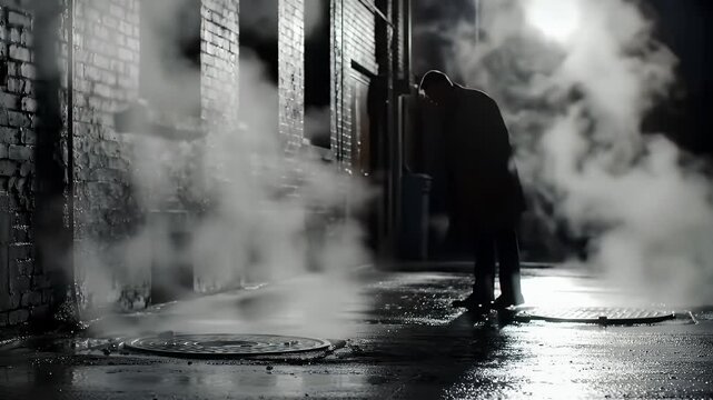 Steam Rises From Manholes on a Wet City Street at Night With Low Angle Shot Showing Dense White Smoke and Brick Buildings Creating an Atmospheric Effect