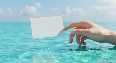 Woman's Hand Holding Blank Card Over Turquoise Ocean Water on Sunny Day. Add Your Message!
