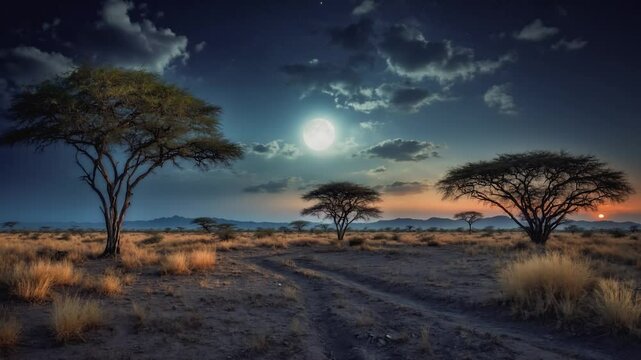 A captivating time-lapse journey from darkness to light over the picturesque African savanna.
