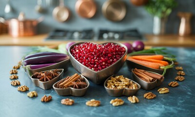 Hearty Still Life with Pomegranate Seeds Walnuts and Fresh Vegetables on Grey Surface Featuring Eggplants Carrots and Anise Stars with Cinnamon Sticks and Culinary Ingredients for Healthy Eating and