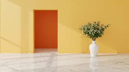 Minimalist Interior White Vase Yellow Orange Room Flowers Marble Floor Sunlight image