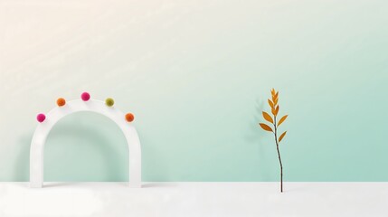 Minimalist Scene White Archway Pastel Green Background Orange Branch Colorful Pompoms image