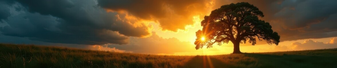 Golden sunlight on ancient oaks, brooding storm clouds gather , landscape, feelings, dark sky