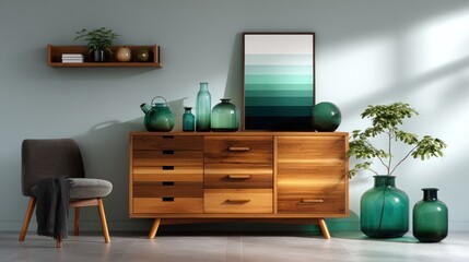 Modern minimalist living room scene with wooden furniture, teal accents, and a painted wall