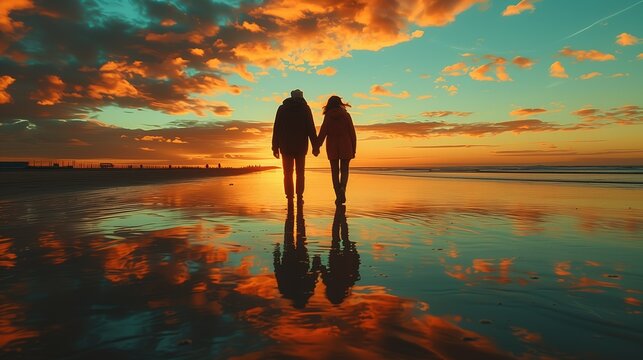 Romantic Silhouette of a Couple Walking Hand - in - Hand on a Beach at Sunset. Ideal for Valentine's Day, Anniversary Cards, or Romantic Social Media Posts. - Powered by Adobe