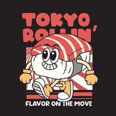 Vector Illustration of Sushi Mascot with Retro Cartoon mascot Available for Tshirt Design