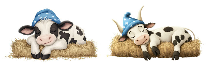 Two sleepy cartoon cow with nightcap lying on a hay bale, bedtime theme, isolated on transparent background.