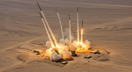 Missile Launch Desert Power Intense Fireball Explosions