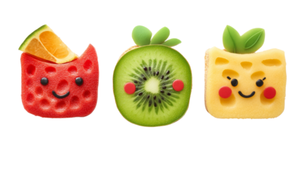 Playful food characters fun fruit designs kitchen digital art bright colors close-up whimsical treats