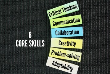 Six core skills often cited as essential for success in learning, work, and life include critical thinking, communication, collaboration, creativity, problem-solving, and adaptability
