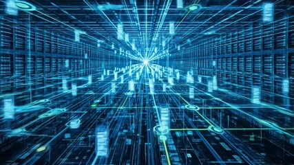 Data center visualization: Abstract digital network with glowing connections and server racks in a futuristic blue tunnel. - Powered by Adobe