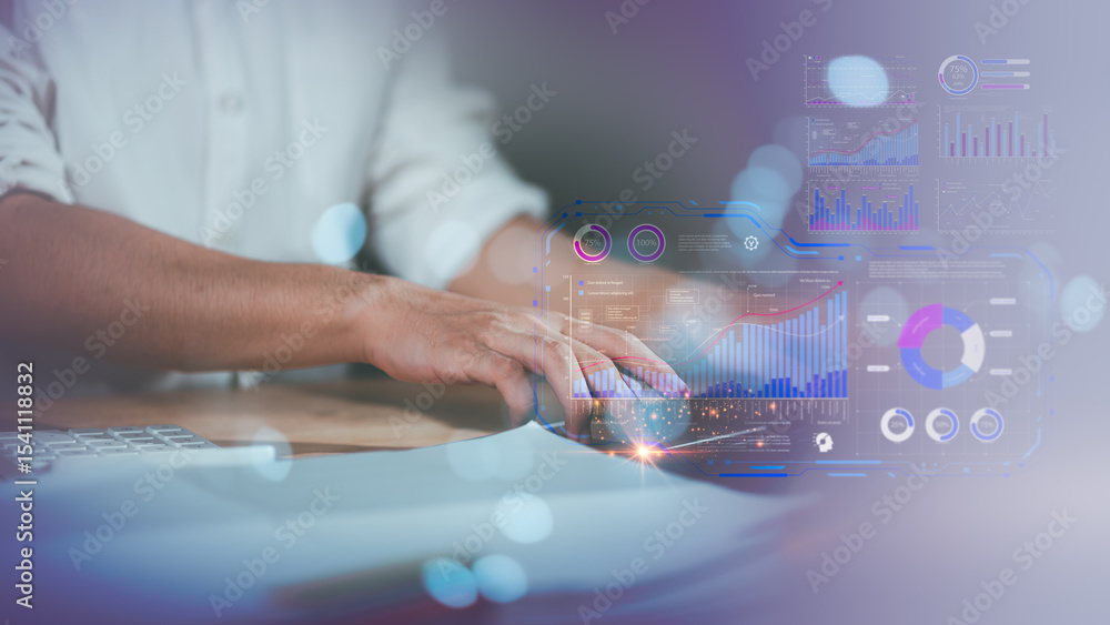 Poster Businessman reading graph report and business statistics charts ,Analysis and improvement of corporate strategy ,Statistics and Data Concepts ,business growth graph ,Business analytics connected