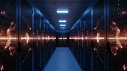Data center server room with glowing data streams, showcasing network infrastructure and digital information flow. - Powered by Adobe