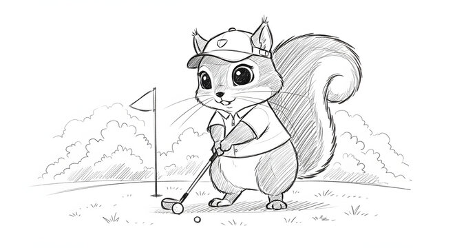 Cute Squirrel Wearing Golf Cap and Shirt Playing Mini Golf Outdoors