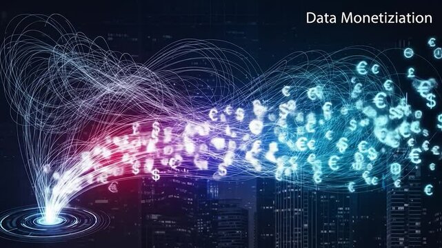 Data Monetization concept with currency symbols flowing over a city skyline background