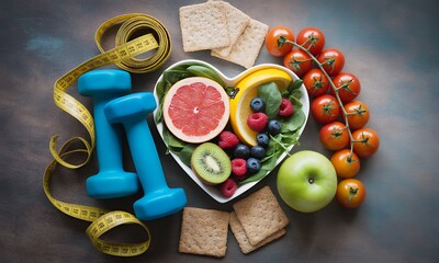 Overhead View Heart Shaped Bowl with Grapefruit Slices and Fresh Berries Surrounded by Blue Dumbbells Yellow Measuring Tape Cherry Tomatoes Apple and Crackers on Mottled Surface Representing a