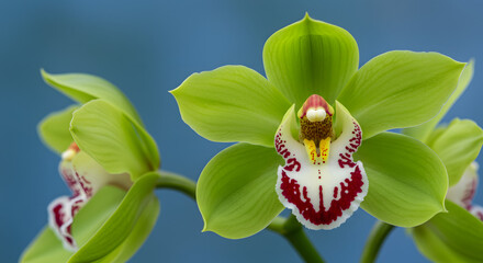 Obraz premium Green Orchid Flower with White and Red Center on Blue Background