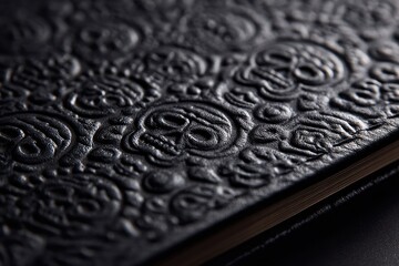 Close-up view of black embossed leather with skull motifs.