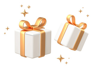3D illustration of two white gift boxes wrapped with shiny golden ribbons, surrounded by sparkling stars on a clean white background. A luxurious and festive concept perfect for celebration