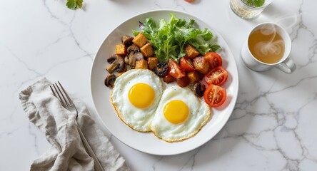 Overhead View of Healthy Breakfast featuring Sunny-Side Up Eggs Mushrooms Sweet Potatoes Tomatoes and Salad with Tea on Marble Tablecloth for a Balanced Diet and Nutritious Meal with White Background