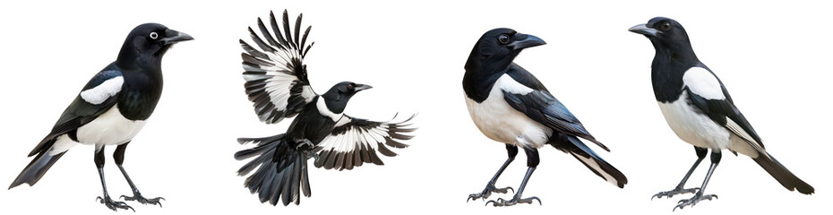 Naklejka premium Collection of Magpie bird fly full body isolate on transparent background