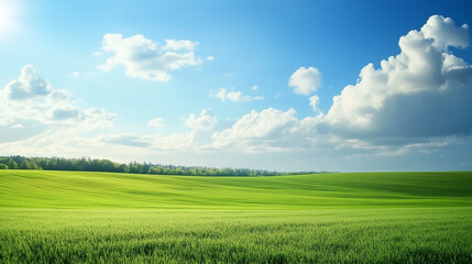 green field and blue sky. field and clouds