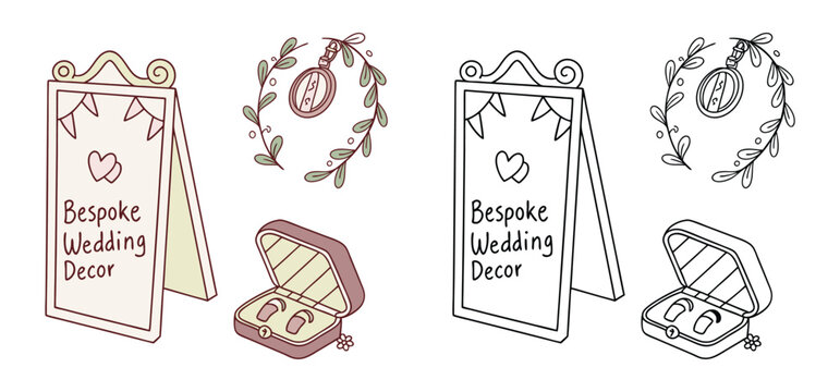 Charming hand drawn wedding decorations concept featuring signboard earrings wreath and ring box illustrations