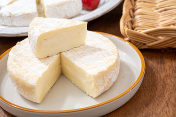 French soft cheeses collection, creamy cow's milk cheese le paysan and brie with white mold, France