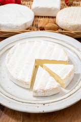 French soft cheeses collection, creamy cow's milk cheese brie with white mold, France