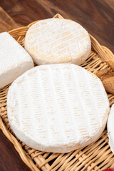French soft cheeses collection, creamy cow's milk cheeses with white mold, France