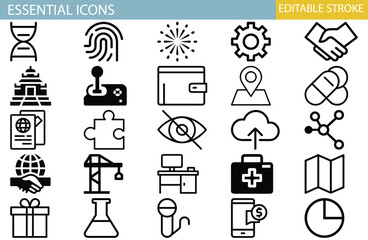 Editable Stroke Essential Icons  A Comprehensive Collection of Line Art Graphics