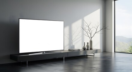Fototapeta premium Modern Living Room with Blank White TV Screen and Minimalist Interior Design