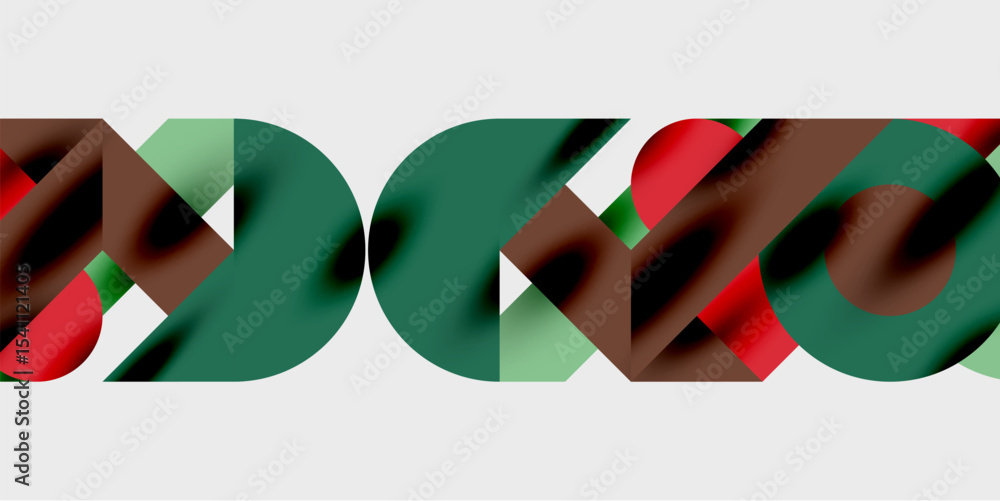 Poster abstract geometric shapes overlap, creating repeating pattern. colors include red, green, brown, whi