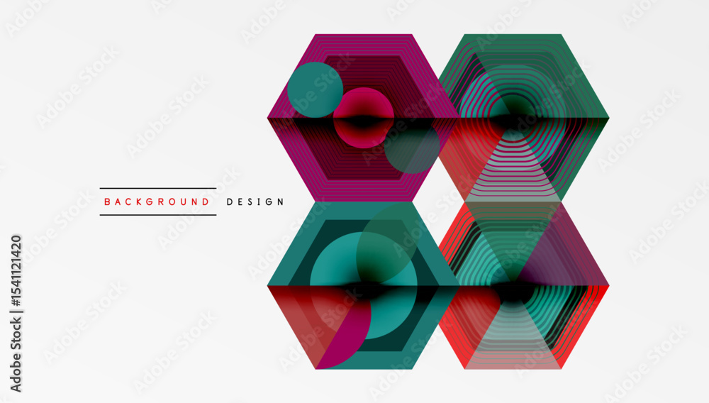 Aufkleber Abstract hexagons overlap, creating colorful layered design. Modern geometric pattern with vibrant shades, simple background.