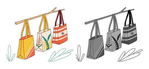 Charming illustrated eco-friendly tote bags in color and monochrome hanging on a rustic wooden branch against a white background