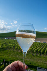 Tasting of white sparkling wine brut, grand reserve, champagne on vineyards of Ay-Champagne grand cru wine making village in Vallee de Marne, Champagne, France