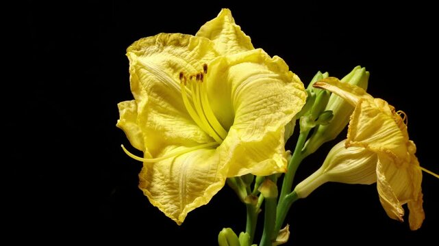 Time lapse footage of yellow Hemerocallis fulva, or common day lily, Hemerocallis hybrida Bergmans growing from full blossom to wither and fade isolated on black background, 4k video b roll shot.