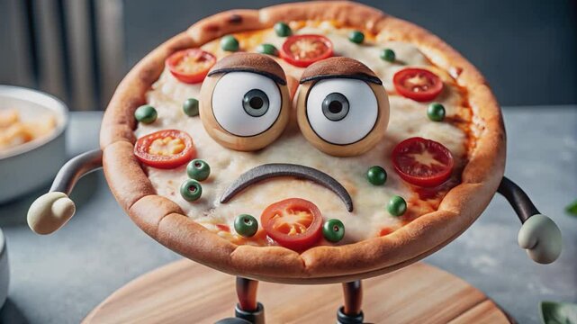 A humorous and personified pizza character, complete with eyes, a mouth, arms, and legs, stands on a wooden cutting board with a comically grumpy expression. 