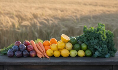 Rainbow Gradient of Fresh Produce Displayed on Wooden Table Against Grain Field Background Featuring Plums Carrots Oranges Lemons Limes Avocados and Kale Emphasizing Healthy Eating and Natural Living