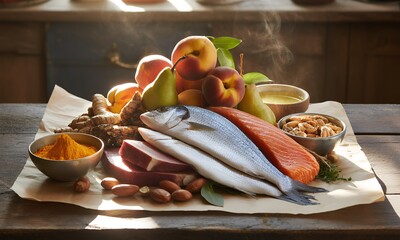 Raw Food Display with Salmon Meat and Assorted Fruits on White Surface in Warm Lighting a Study of Freshness Natural Eating and Nutritional Wellness Ingredients Displayed for Culinary Inspiration