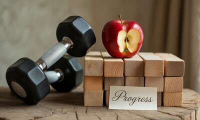 Red Apple with a Bite Stacked on Wood Blocks Featuring a Black Dumbbell Symbolizing Fitness and Nutrition with a Progress Card Promoting a Healthy Lifestyle on Rustic Wood Surface, Ideal for Health