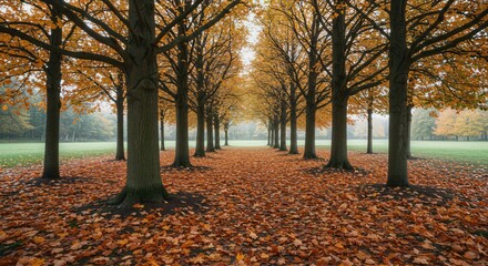 Naklejka premium a row of trees with yellow leaves on the ground
