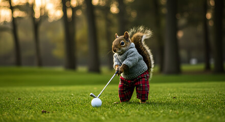 Squirrel Playing Golf in Park Wearing Sweater and Tartan Pants