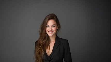 Obraz premium Happy young businesswoman smiling confidently in blazer, professional portrait. Success, ambition, and modern elegance in the workplace.