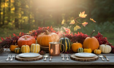 Rustic Autumn Harvest Table Display with Pumpkins and Gourds in Golden Light with Plates and Cutlery Ready for Festive Thanksgiving Dinner in Forest Setting and  Autumnal Ambiance, Perfect For