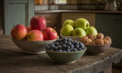 Rustic Charm Bowl of Red and Green Apples with Fresh Blueberries and Walnuts Displayed on Weathered Wooden Tabletop Under Soft Natural Lighting with Earthy Kitchen Background A Vibrant Display of