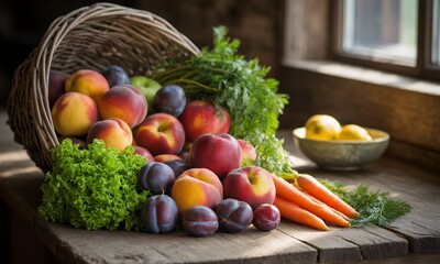 Rustic Cornucopia of Fresh Fruits and Vegetables on Wooden Table with Peaches Apples and Carrots in Natural Light Perfect for Decoration with Rustic Wooden Background Showcasing Health Diet And