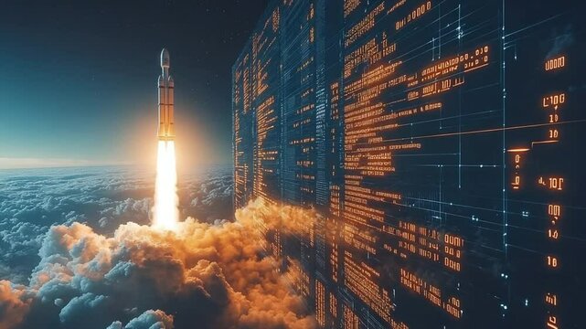 Rocket Launch with Space Mission, Digital Code, and Technology.